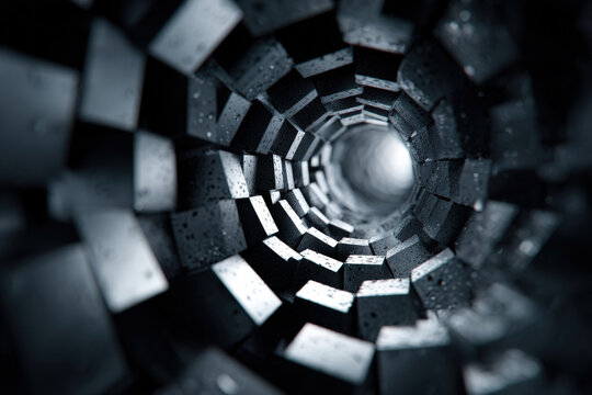 Futuristic concentric hexagonal rings forming a geometric tunnel with blue gradient light