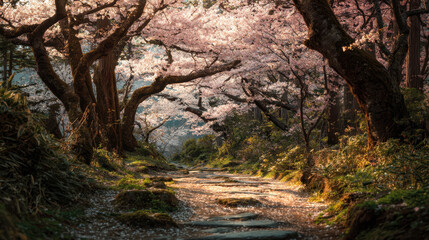Obraz premium Breathtaking cherry blossom pathway japanese garden nature photography springtime serene atmosphere