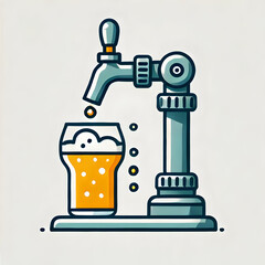 Minimalist flat illustration of a beer tap pouring a golden ale into a glass, symbolizing the final step in the brewing process, on a white background.