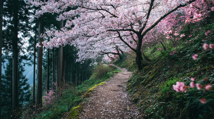 Fototapeta premium Spring blossom walk scenic forest path nature photography tranquil environment serene perspective beauty of cherry trees
