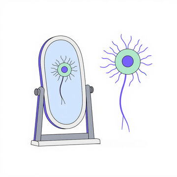 illustration of a neuron looking into a mirror, symbolizing mirror neurons, empathy, brain function, and neuroscience concepts