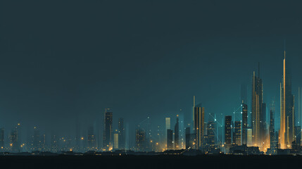 Naklejka premium sTwilight in the Smart digital Innovation city with connection network reciprocity over the cityscape. of future smart wireless digital city and social media networking systems that connects people