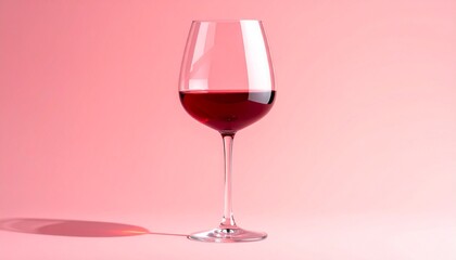 Elegant wine glass with red liquid shiny transparent surface and luxury drinkware object on plain colorful background

