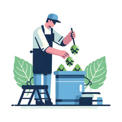 Minimalist flat illustration of a brewer measuring hops with precision tools, capturing the meticulous attention to detail in the brewing process, on a white background.