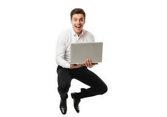 Energetic young man with short brown hair holding a laptop and smiling transparent background