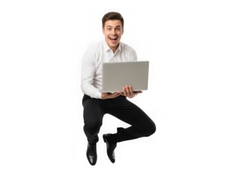 Energetic young man with short brown hair holding a laptop and smiling transparent background
