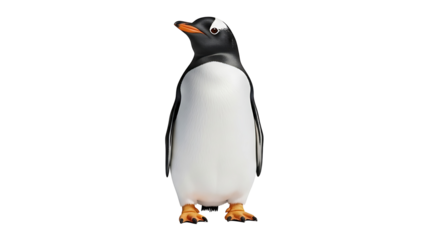 A full shot of a cartoonish penguin, with distinct black and white coloring, positioned against a striking black backdrop.