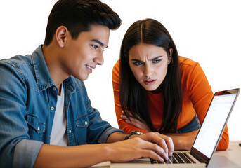 Young man smiles typing on laptop with focused woman studying together transparent background