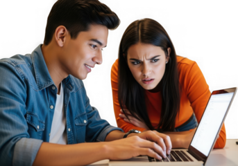 Young man smiles typing on laptop with focused woman studying together transparent background