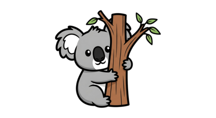 A cute koala embraces a tree trunk against a black background.