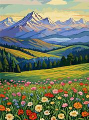 Fototapeta premium Colorful meadow beneath majestic snowy mountains