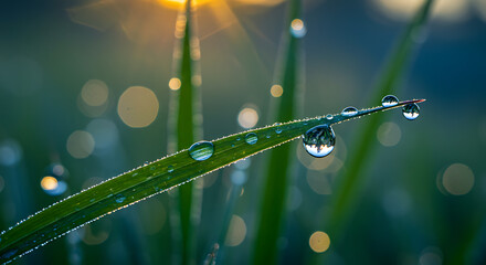 Beautiful sparkling dewdrops on fresh green blades of grass in the early morning, a refreshing and clean macro view of nature's details.