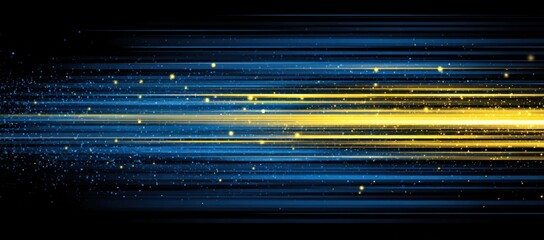 Abstract horizontal light streaks on black, with golden light trails, and blue shimmering effects creating movement and depth