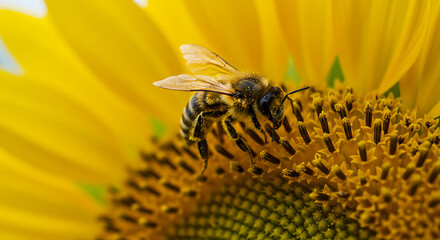 A honey bee collects pollen from a bright yellow sunflower, a beautiful macro shot showing the important relationship between insects and flowers.