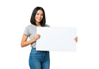 Young woman smiling holding a blank white poster board for your message transparent background