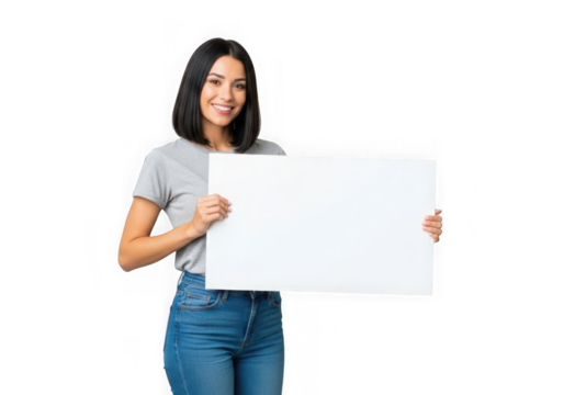 Young woman smiling holding a blank white poster board for your message transparent background - Powered by Adobe
