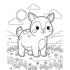 Fototapeta premium A cute baby deer in a sunny meadow. Woodland animal and spring nature scene. An adorable cartoon fawn standing in a field.