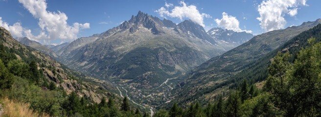 Panoramic view of a verdant valley with a striking, craggy mountain range as its backdrop under a partly cloudy, blue sky