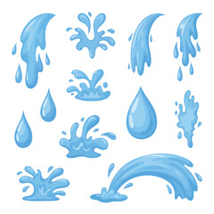 Cartoon water splash and drop collection Blue liquid drip and flow elements illustrated in a vector style.