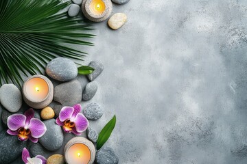Spa background with gray pebbles candles palm leaves and orchid flowers, perfect for wellness posters, relaxation ads, beauty salon promotions, and meditation retreat flyers