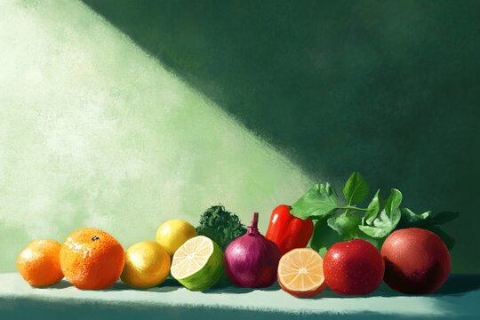 Orange lemon lime apple red pepper purple onion parsley arranged together on table with green wall background. Fresh vegetables fruit colorful group, healthy food concept - Powered by Adobe