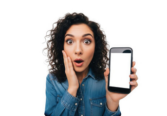 Young woman with curly dark hair expresses shock holding a blank screen smartphone transparent background