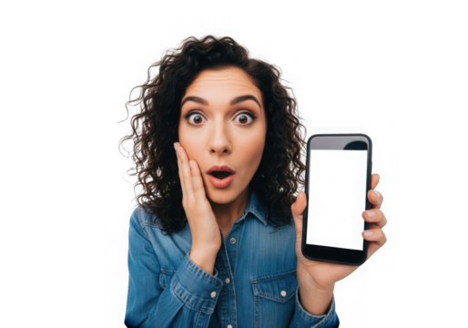 Young woman with curly dark hair expresses shock holding a blank screen smartphone transparent background - Powered by Adobe