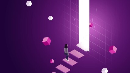 Ad template. Woman walking digital staircase into glowing portal on purple futuristic background. Concept of career growth, self-realization, digital future, personal journey, and creative branding. - Powered by Adobe