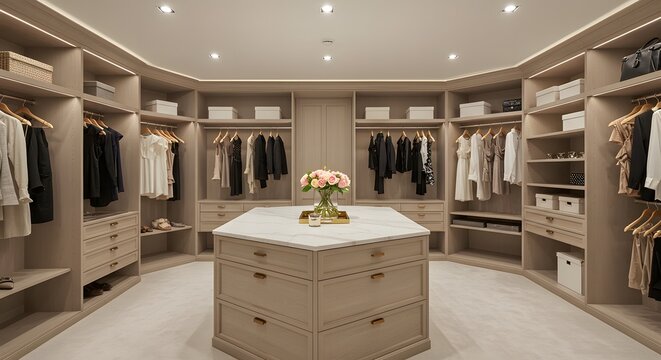 Elegant and spacious walk-in closet interior with custom built-in shelving, drawers, and a central island for organized clothing storage in a luxury home