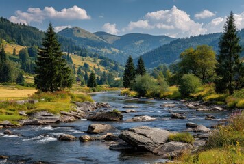 Obraz premium Serene mountain landscape with a flowing river, lush trees, green hills, and a partly cloudy sky