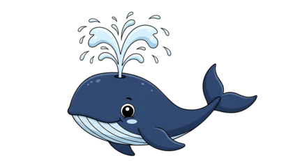 A friendly, cartoon whale, depicted in shades of blue, exhales a playful water spout against a dark backdrop.