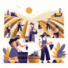 Minimalist flat illustration of a grape harvesting scene with workers in a vineyard, showcasing teamwork and tradition, on a white background.