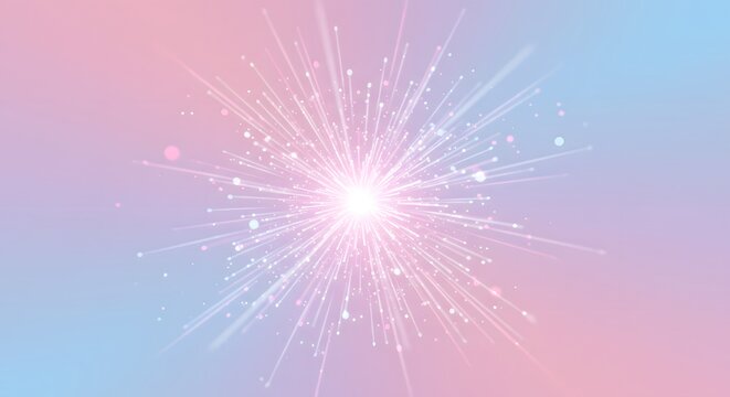 A burst of white lines and dots emanates from a central bright light on a pink and blue gradient background - Powered by Adobe