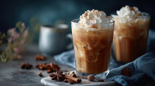 Pumpkin spice cold foam served in a glass with whipped cream and spices on a rustic table