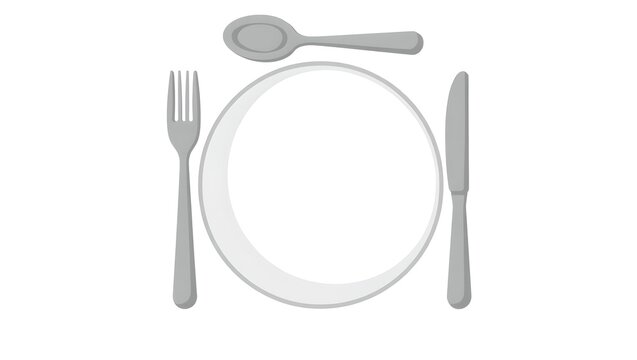 Unique vector illustration of tilted circular plate with utensils triangularly arranged, clean cartoon filled line design.