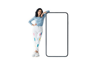 Confident young woman with dark wavy hair posing next to a large illuminated rectangle transparent background