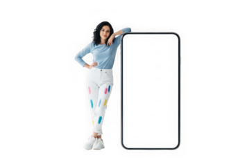 Confident young woman with dark wavy hair posing next to a large illuminated rectangle transparent background