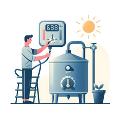 Minimalist flat illustration of a homebrewer enjoying a quiet moment while sipping a homemade brew in their backyard, embodying the relaxation aspect of homebrewing, on a white background.