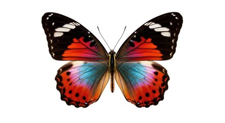 Vibrant butterfly with red, blue, orange, and black colors, isolated