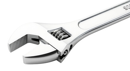Obraz premium Close-up of a gleaming adjustable wrench against a stark black backdrop, showcasing its metallic surface and intricate design elements.