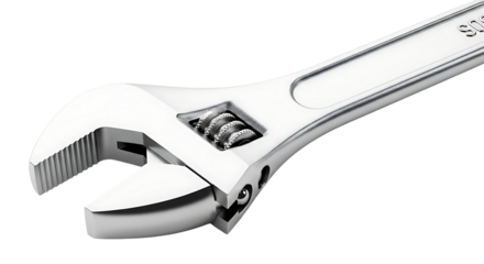 Close-up of a gleaming adjustable wrench against a stark black backdrop, showcasing its metallic surface and intricate design elements.
