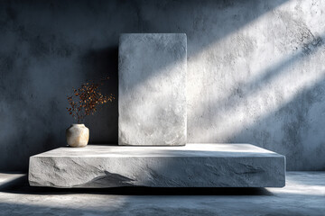 Light gray concrete podium with soft sunlight for modern minimal mockup display