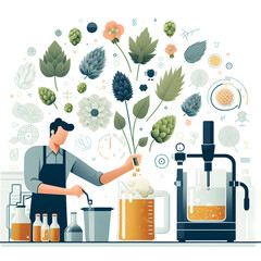 Minimalist flat illustration of a homebrewer enjoying a quiet moment while sipping a homemade brew in their backyard, embodying the relaxation aspect of homebrewing, on a white background.