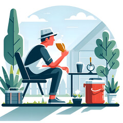 Minimalist flat illustration of a homebrewer enjoying a quiet moment while sipping a homemade brew in their backyard, embodying the relaxation aspect of homebrewing, on a white background.
