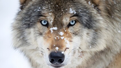 Fototapeta premium Gray Wolf Close-Up: Intense Blue Eyes, Winter Snow, Majestic Portrait