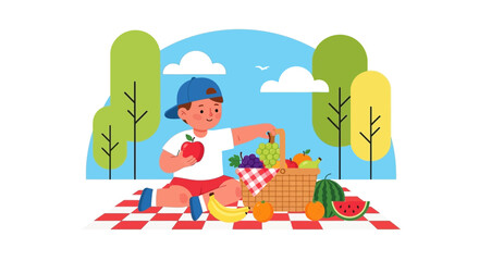 Fototapeta premium Child Enjoying Picnic Outdoors With Fresh Fruits And Basket In A Sunny Day