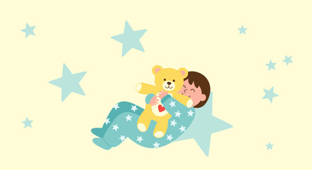 Child Holding Plush Teddy Bear in Pajamas, Set Against a Background of Stars