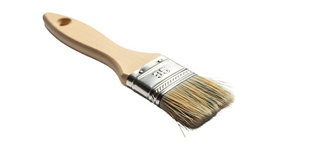 A paintbrush with a light beige wooden handle and a metallic ferrule, displayed against a striking black background.