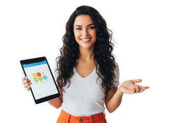 Young woman with long dark curly hair smiling holding tablet and gesturing with hand transparent background