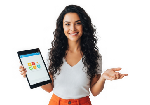 Young woman with long dark curly hair smiling holding tablet and gesturing with hand transparent background